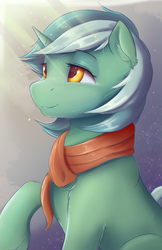 Size: 3300x5100 | Tagged: safe, artist:ardail, lyra heartstrings, pony, g4, absurd resolution, clothes, female, lidded eyes, scarf, simple background, smiling, solo, sunlight