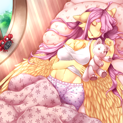 Size: 1024x1024 | Tagged: safe, artist:tolsticot, fluttershy, anthro, g4, arm under breasts, beanbrows, bed, bedroom, breasts, busty fluttershy, chest fluff, clothes, cute, eyebrows, eyes closed, female, in bed, midriff, off shoulder, on back, pajamas, pajamas pants, pillow, plushie, precious, shyabetes, sleeping, solo, spread wings, sweet dreams fuel, tank top