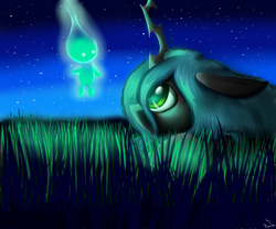Size: 3000x2500 | Tagged: safe, artist:ruanshi, queen chrysalis, changeling, changeling queen, g4, curious, duo, fascinated, female, field, floppy ears, glowing, grass, high res, looking at something, looking up, night, profile, spirit, starry night, stars