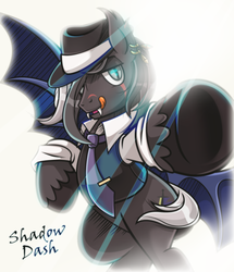 Size: 2868x3337 | Tagged: safe, artist:estories, oc, oc only, oc:shadow dash, bat pony, pony, clothes, crepuscular rays, handsome, hat, high res, male, necktie, open mouth, simple background, solo, stallion, tongue out, trilby, vest, white background