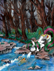 Size: 1538x2012 | Tagged: safe, artist:pepperscratch, oc, oc only, oc:apple dapple, fish, pegasus, pony, female, forest, mare, river, rock, solo, traditional art, tree