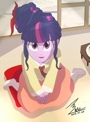 Size: 1100x1492 | Tagged: safe, artist:bluse, twilight sparkle, equestria girls, g4, alternate hairstyle, female, hanbok, korean, long hair, looking at you, looking up, lunar new year, open mouth, sitting, solo
