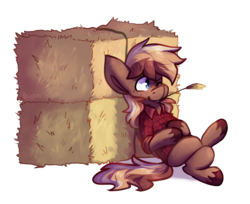 Size: 1024x836 | Tagged: safe, artist:crownedspade, oc, oc only, earth pony, pony, clothes, hay bale, hay stalk, male, shirt, solo, stallion, straw in mouth