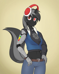 Size: 1000x1250 | Tagged: safe, artist:skecchiart, oc, oc only, oc:sprocket, unicorn, anthro, amputee, anthro oc, belly button, breasts, clothes, commission, female, headphones, pants, prosthetic arm, prosthetic limb, prosthetics, simple background, smiling, solo