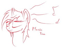 Size: 506x385 | Tagged: safe, artist:lexi4, melody, oc, oc only, oc:xenial, pony, unicorn, bust, eyes closed, lineart, monochrome, music notes, portrait, random, simple background, sketch, solo, white background
