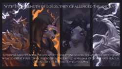 Size: 3840x2160 | Tagged: safe, artist:fpbarros, alicorn, bat pony, dragon, pony, comic:in the beginning, crossover, dark souls, gravelord nito, gwyn, high res, lightning, seath the scaleless, witch of izalith