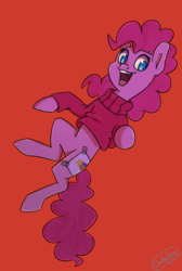 Size: 600x894 | Tagged: safe, artist:chibadeer, pinkie pie, earth pony, pony, g4, clothes, cosplay, costume, fake cutie mark, female, gravity falls, mabel pines, male, red background, simple background, smiling, solo, sweater