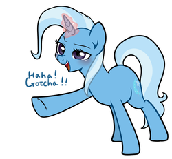 Size: 1296x1200 | Tagged: safe, artist:haden-2375, trixie, pony, unicorn, g4, blushing, dialogue, female, glowing horn, horn, lidded eyes, magic, mare, open mouth, pointing, simple background, smiling, solo, white background