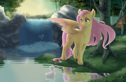Size: 5100x3300 | Tagged: safe, artist:silentwulv, fluttershy, duck, pegasus, pony, g4, absurd resolution, beautiful, colored wings, colored wingtips, duckling, female, forest, looking at something, looking down, mare, nature, reflection, river, scenery, smiling, solo, spread wings, sunlight, tree, unshorn fetlocks, waterfall