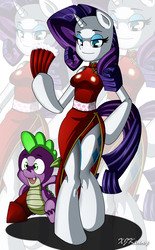 Size: 800x1294 | Tagged: safe, artist:xjkenny, rarity, spike, anthro, unguligrade anthro, g4, arm hooves, breasts, busty rarity, cheongsam, clothes, dress, eyeshadow, fan, female, fireworks, lidded eyes, makeup, male, panties, red underwear, ship:sparity, shipping, side slit, skirt, smiling, straight, underwear, upskirt, year of the rooster, zoom layer