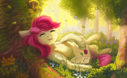 Size: 2983x1830 | Tagged: safe, artist:spirit-alu, roseluck, butterfly, earth pony, pony, g4, book, commissioner:doom9454, eyes closed, female, flower, fluffy, forest, on side, rose, solo, tree