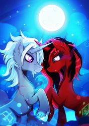 Size: 1358x1920 | Tagged: safe, artist:rariedash, oc, oc only, oc:anzu, oc:ice storm, pony, unicorn, cloud, duo, horn, moon, red and black oc, stars, unicorn oc