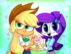 Size: 748x572 | Tagged: safe, artist:vdru7, applejack, rarity, equestria girls, g4, female, heart, holding hands, lesbian, ship:rarijack, shipping, smiling