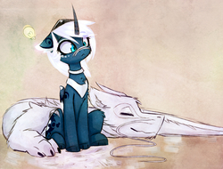 Size: 2480x1882 | Tagged: safe, artist:magnaluna, princess luna, oc, oc:zefiroth, alicorn, dragon, pony, :<, alternate design, canon x oc, couple, crown, curved horn, cute, eyes closed, frown, jewelry, lightbulb, lunabetes, male, paws, regalia, shipping, sitting, sleeping, smiling, straight