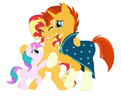 Size: 758x610 | Tagged: safe, artist:mana minori, sunburst, sunset shimmer, oc, oc:star dreams, pony, unicorn, g4, cloak, clothes, female, filly, foal, male, mare, siblings, simple background, stallion, sunny siblings, trio, white background