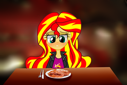 Size: 5825x3916 | Tagged: safe, artist:lovehtf421, sunset shimmer, equestria girls, g4, absurd resolution, bacon, bacon hair, breasts, busty sunset shimmer, clothes, female, food, jacket, leather, leather jacket, meat, omnivore sunset, solo