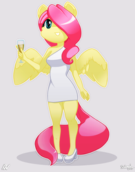 Size: 1015x1295 | Tagged: safe, artist:oatmeal, artist:pixel's workstation, fluttershy, anthro, plantigrade anthro, g4, alcohol, champagne, clothes, dress, female, high heels, solo, wine