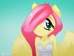 Size: 1494x1139 | Tagged: safe, artist:oatmeal, artist:pixel's workstation, fluttershy, anthro, g4, clothes, cute, dress, ear fluff, female, gradient background, hair over one eye, solo, spread wings, summer dress, sundress, white dress