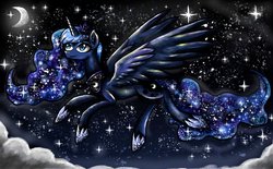 Size: 1280x793 | Tagged: safe, artist:ambersha, princess luna, pony, g4, crescent moon, female, flying, moon, night, night sky, sky, smiling, solo