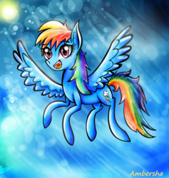 Size: 2442x2572 | Tagged: safe, artist:ambersha, rainbow dash, pony, g4, female, flying, high res, open mouth, solo