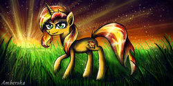 Size: 1366x685 | Tagged: safe, artist:ambersha, sunset shimmer, pony, unicorn, g4, female, solo, sunset