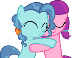 Size: 3839x3091 | Tagged: safe, artist:ironm17, lily longsocks, petunia paleo, earth pony, pony, g4, ^^, duo, duo female, eyes closed, female, filly, foal, high res, hug, simple background, smiling, transparent background, vector