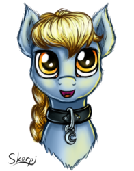 Size: 900x1150 | Tagged: safe, artist:skorpionletun, oc, oc only, oc:windswept skies, pony, braid, bust, charm, collar, fluffy, looking at you, male, open mouth, portrait, simple background, solo, stallion, transparent background, yellow eyes