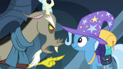 Size: 1280x720 | Tagged: safe, screencap, discord, trixie, pony, unicorn, g4, my little pony: friendship is magic, to where and back again, female, mare