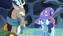 Size: 1280x720 | Tagged: safe, screencap, discord, trixie, pony, unicorn, g4, to where and back again, female, mare