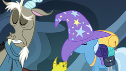 Size: 1280x720 | Tagged: safe, screencap, discord, trixie, pony, unicorn, g4, to where and back again, female, mare