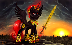 Size: 1280x800 | Tagged: safe, artist:das_leben, oc, oc only, oc:dark star, alicorn, pony, alicorn oc, commission, glowing horn, horn, jewelry, king, looking back, magic, male, red and black oc, red eyes, regalia, solo, spread wings, stallion, sunset, sword