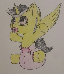 Size: 1123x1280 | Tagged: safe, artist:khavoc, oc, oc only, alicorn, pony, alicorn oc, baby, baby pony, cute, diaper, foal, pacifier, poofy diaper, solo, traditional art