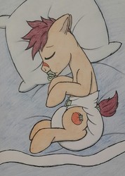 Size: 909x1280 | Tagged: safe, artist:khavoc, oc, oc only, pony, adult foal, cute, diaper, non-baby in diaper, poofy diaper, sleeping, solo, traditional art