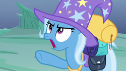 Size: 1280x720 | Tagged: safe, screencap, trixie, pony, unicorn, g4, to where and back again, angry, backpack, cute, diatrixes, female, frown, glare, looking up, mare, open mouth, pointing, solo, underhoof
