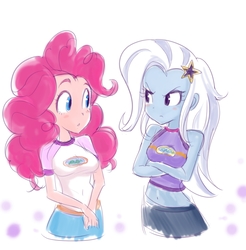 Size: 2722x2769 | Tagged: safe, artist:manmaru00, pinkie pie, trixie, equestria girls, g4, my little pony equestria girls: legend of everfree, belly button, blushing, breasts, clothes, female, high res, midriff, pixiv, shirt