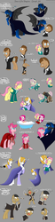 Size: 1280x5152 | Tagged: safe, artist:stuflox, doctor whooves, fluttershy, igneous rock pie, pinkie pie, prince blueblood, princess luna, time turner, pony, vampire, g4, alfred, bathtub, bubble bath, butterscotch, chagal, clothes, count von krolock, crossover, dance of the vampires, dress, garlic, glasses, gold tooth, hanging, herbert (dance of the vampires), high res, male, prince artemis, professor abronsius, reference sheet, rule 63, sarah (dance of the vampires), stallion, starry eyes, wingding eyes