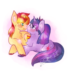 Size: 1602x1632 | Tagged: safe, artist:dekkii, sci-twi, sunset shimmer, twilight sparkle, pony, unicorn, equestria girls, g4, blushing, equestria girls ponified, female, lesbian, looking at each other, ponified, ship:sci-twishimmer, ship:sunsetsparkle, shipping, simple background, unicorn sci-twi, wingless