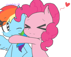 Size: 1022x820 | Tagged: dead source, safe, artist:chametzkiwi, pinkie pie, rainbow dash, earth pony, pegasus, pony, g4, female, heart, hug, lesbian, ship:pinkiedash, shipping, simple background, white background