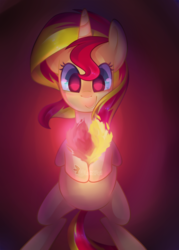 Size: 1024x1434 | Tagged: safe, artist:drawntildawn, sunset shimmer, pony, unicorn, g4, female, fiery shimmer, fire, heart, solo, watermark