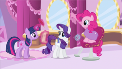 Size: 1024x576 | Tagged: safe, screencap, pinkie pie, rarity, twilight sparkle, pony, g4, it's about time, chair, checklist, comb, magic, quill, saddle bag, scissors, sitting