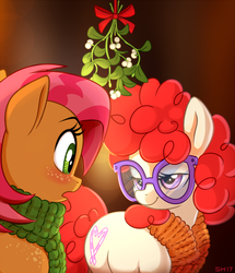 Size: 806x936 | Tagged: safe, artist:sorcerushorserus, babs seed, twist, babstwist, blushing, bow, clothes, crack shipping, female, freckles, lesbian, lidded eyes, mistletoe, scarf, shipping