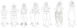 Size: 6138x2284 | Tagged: safe, artist:catstuxedo, applejack, fluttershy, pinkie pie, rainbow dash, rarity, spike, twilight sparkle, human, g4, fat, high res, horn, horned humanization, humanized, line-up, mane seven, mane six, monochrome, pudgy pie, size chart, size comparison, winged humanization, wings