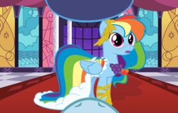 Size: 1052x670 | Tagged: safe, artist:sofialurax, rainbow dash, soarin', pony, g4, clothes, dress, first person view, gala dress, male, offscreen character, pov, rainbow dash always dresses in style, rainbow dash's first gala dress, ship:soarindash, shipping, straight