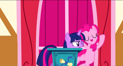 Size: 1360x730 | Tagged: safe, screencap, pinkie pie, twilight sparkle, pony, applebuck season, g4, my little pony: friendship is magic, eyes closed, pushing, smiling, town hall