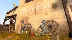 Size: 1280x720 | Tagged: safe, artist:horsesplease, applejack, dog, german shepherd, robot, g4, 3d, accessory theft, angry, applejack's hat, cowboy hat, fallout 3, generic giddyup, giddyup buttercup, gmod, guitar, hat, peeking, peering, picnic, story included