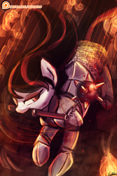 Size: 750x1125 | Tagged: safe, artist:lumineko, oc, oc only, oc:electra sparks, earth pony, pony, armor, blood, eyeshadow, female, flail, lidded eyes, makeup, mare, mouth hold, patreon, patreon logo, serious, serious face, solo, weapon