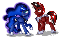 Size: 1900x1250 | Tagged: safe, artist:jack-pie, princess luna, oc, oc:fowac, alicorn, pony, g4, alicorn oc, armor, commission, crown, duo, jewelry, looking at something, male, raised hoof, regalia, royal guard, smiling, stallion