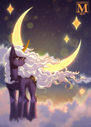Size: 718x1000 | Tagged: safe, artist:margony, oc, oc only, pony, unicorn, cloud, crescent moon, curved horn, female, horn, loose hair, mare, moon, solo, stars, transparent moon