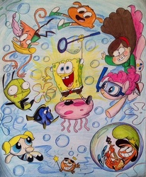 Size: 712x864 | Tagged: safe, artist:exkhale, pinkie pie, earth pony, fish, human, jellyfish, pony, anthro, g4, blue tang, bubbles (powerpuff girls), camp lazlo, colored pencil drawing, cosmo, crossover, crossover nexus, darwin watterson, dory, finding nemo, gir, gravity falls, invader zim, lazlo, mabel pines, male, mare, spongebob squarepants, spongebob squarepants (character), the amazing world of gumball, the fairly oddparents, the powerpuff girls, traditional art, underwater, wander (wander over yonder), wander over yonder