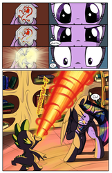 Size: 1750x2700 | Tagged: safe, artist:sirzi, artist:true line translators, spike, twilight sparkle, alicorn, dragon, pony, comic:talisman for a pony, g4, book, bookshelf, comic, crossover, fire, golden oaks library, jackie chan adventures, talisman, this will end in tears and/or death, translation, twilight sparkle (alicorn), xk-class end-of-the-world scenario